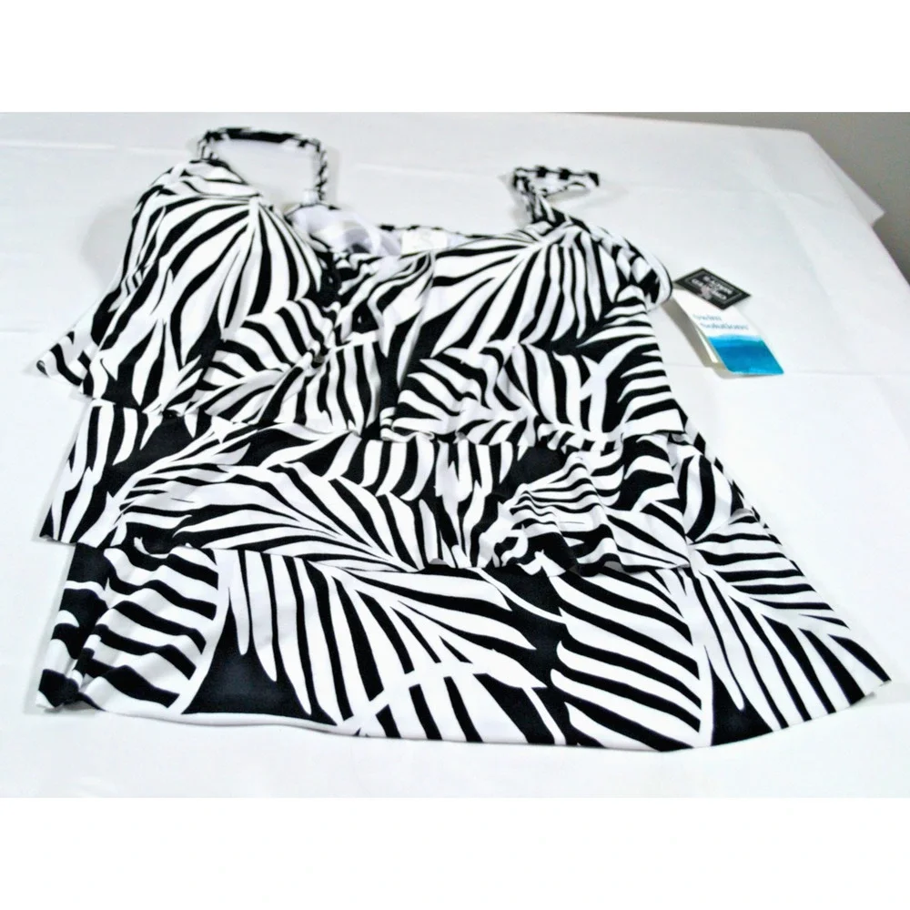 Swim Solutions Tankini Top Womens 18 Black White Palm Leaf Ruffle Tiered Macy’s